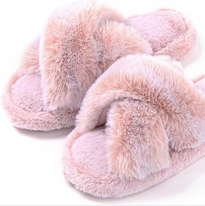 Memory Foam Cross Band Faux Fur Fuzzy Cozy Anti-Skid Slippers